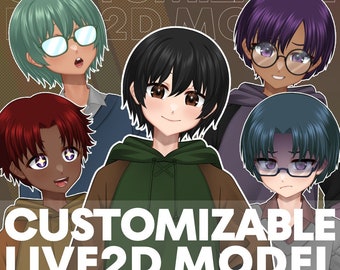 May include: Image features a group of anime-style characters with various hair colors and expressions. The text "CUSTOMIZABLE LIVE2D MODEL" is displayed in white, indicating a digital product or service related to character design.
