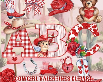 May include: A digital clipart collection featuring western-themed Valentine's Day elements including a cowboy boot with roses, a heart-patterned bow, a red glitter cowboy hat, a teddy bear holding a heart, and the letters A, B, and C with western patterns.