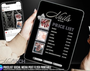 Nails Tech Price List Flyer Template Canva, Editable Nail Beauty Salon Pricing DIY Social media post Instagram facebook Printable menu glam