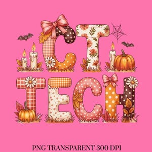 Könnte beinhalten: Auf einem rosa Hintergrund steht das Wort "CT TECH" in dekorativen Buchstaben. Die Buchstaben sind mit Herbst- und Halloween-Motiven verziert, darunter Kürbisse, Fledermäuse und florale Muster. Das Bild enthält den Text "PNG TRANSPARENT 300 DPI".
