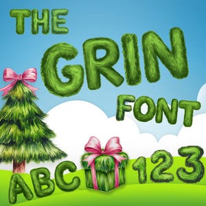 Puede incluir: Ilustración caprichosa con las palabras "THE GRIN FONT" en letras verdes y peludas. Un árbol de Navidad con un lazo rosa, una caja de regalo con un lazo rosa, las letras ABC y los números 123 sobre un paisaje verde y cielo azul.
