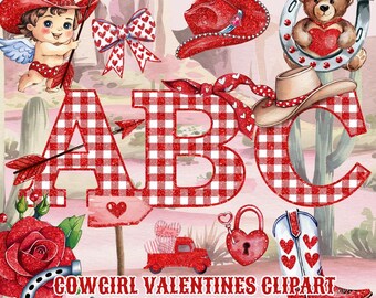 May include: A digital illustration with cowgirl Valentine's Day elements. It features red gingham letters, a cupid, cowboy hats, a teddy bear, a horseshoe, a red truck, a heart-shaped lock, and a cowboy boot. Text reads "COWGIRL VALENTINES CLIPART".