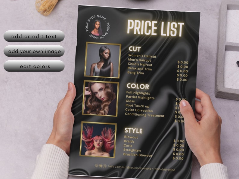 DIY Price List Template Canva, Editable Hair stylist Template Design flyer, Printable Hairstylist Wig Braids Nail Lash Makeup Pricelist acuity scheduling website banner hair salon barbershop haircut hairtech nailtech lashtech lip fillers MUP makeup