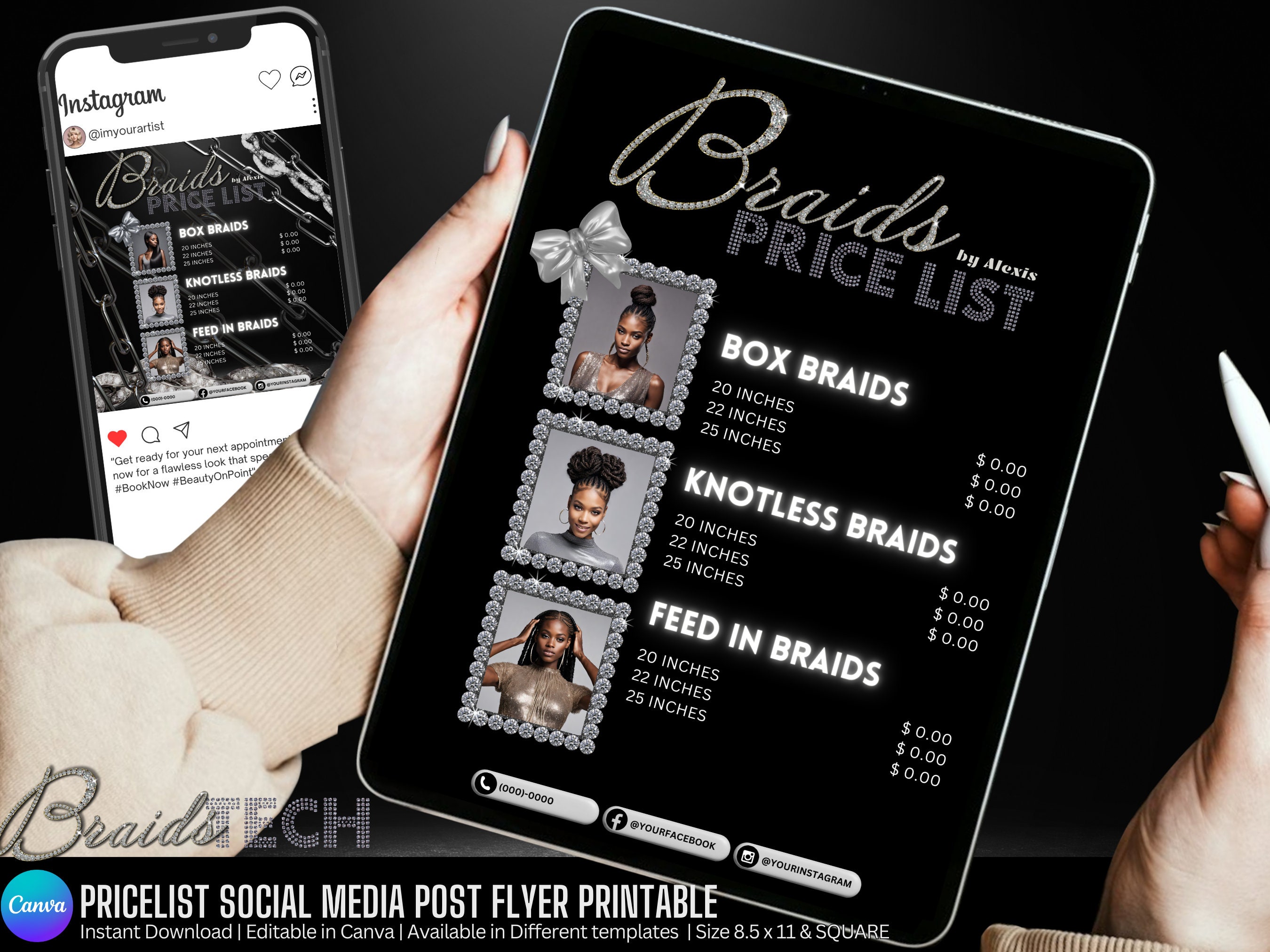 Braids Price List Flyer Template Canva, Editable Hair Stylist Beauty