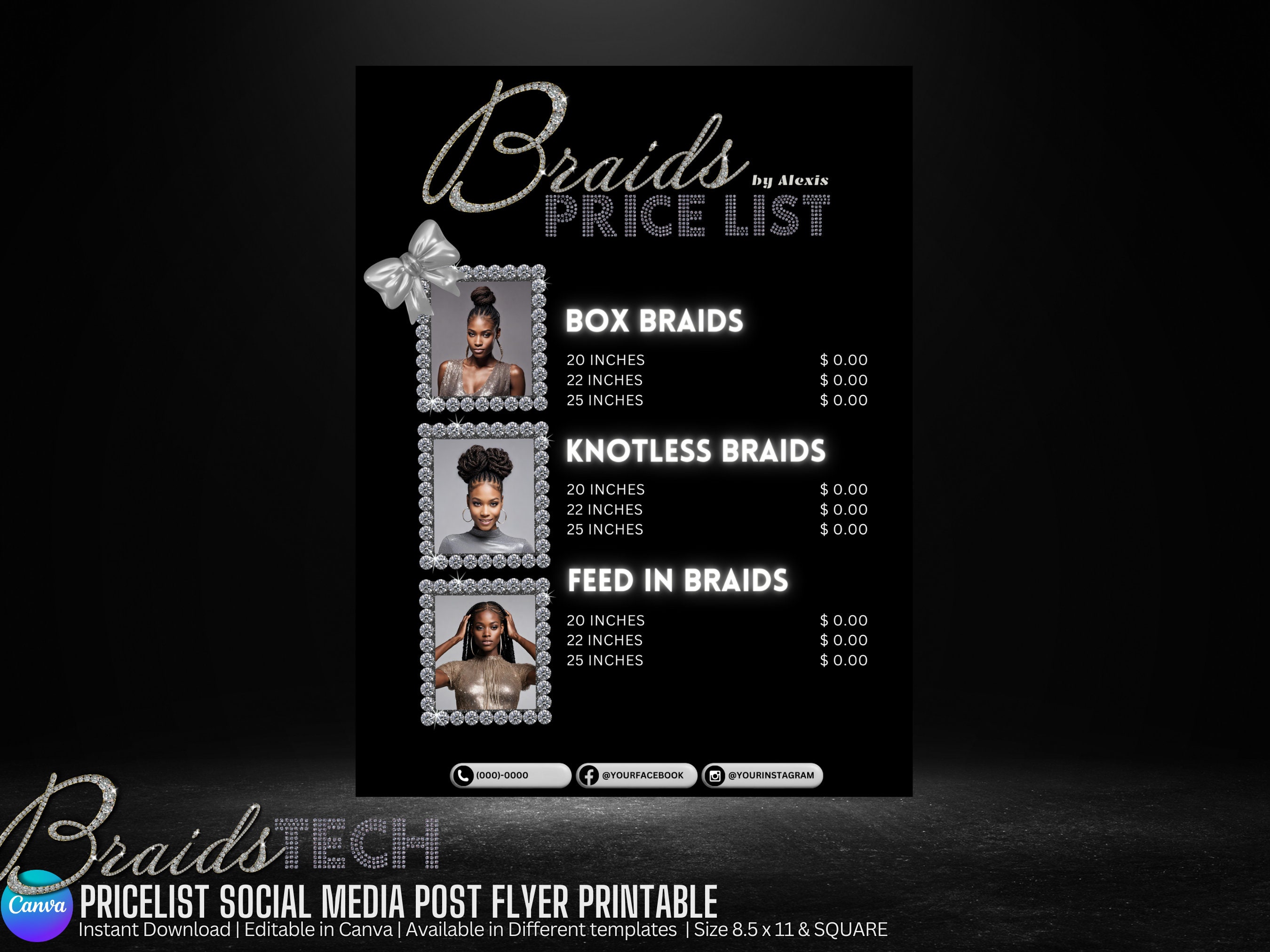 Braids Price List Flyer Template Canva, Editable Hair Stylist Beauty