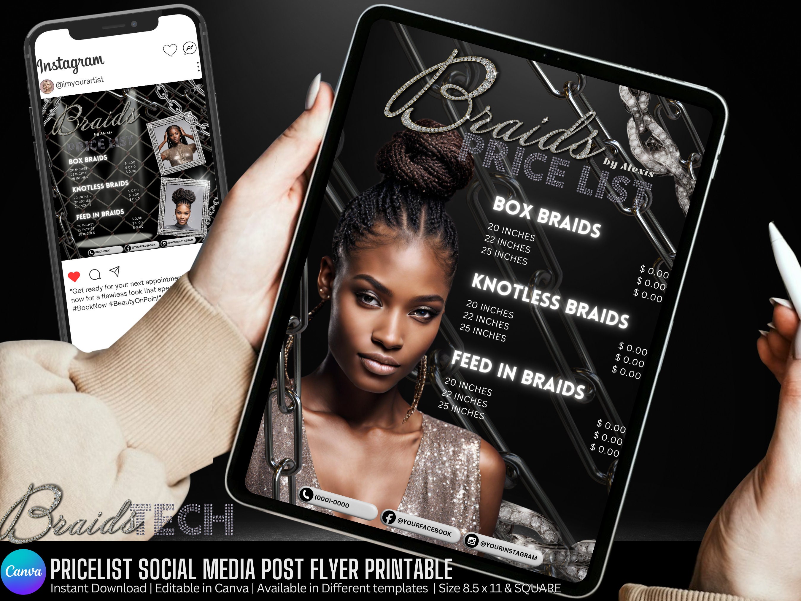 Braids Price List Flyer Template Canva, Editable Hair Stylist Beauty