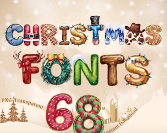 以下が含まれることがあります： 「CHRISTMAS FONTS 68」というテキストを表示したデジタルグラフィック。文字はサンタの衣装、ジンジャーブレッド、松のリース、木目、牛柄、カラフルなストリングライトなど、さまざまなホリデーテーマで装飾されており、明るい背景に配置されています。
