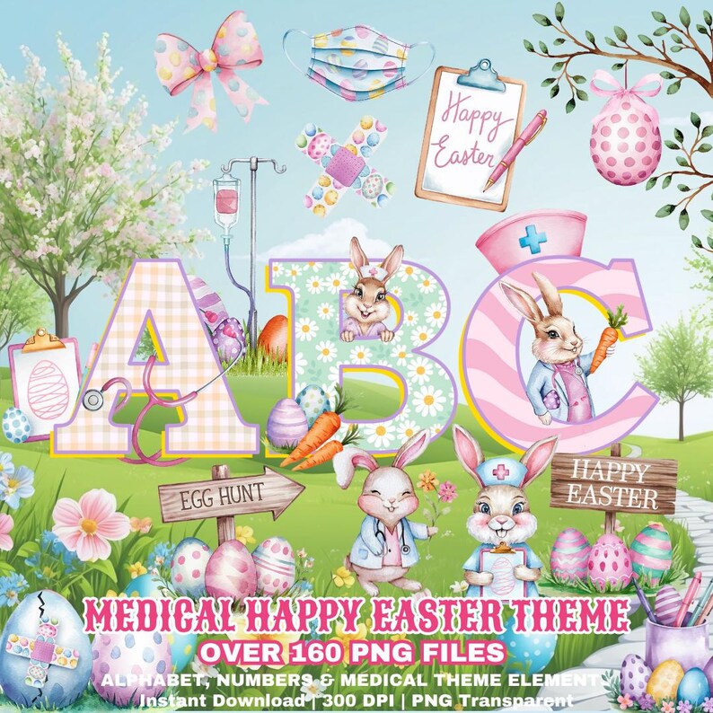 Medical Easter Font Alphabet PNG Cute Bunny Hospital Nurse Doctor ...