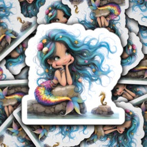May include: A sticker featuring a mermaid with long blue hair, a colorful tail, and a seashell crown. She is sitting on a rock with a seahorse beside her.