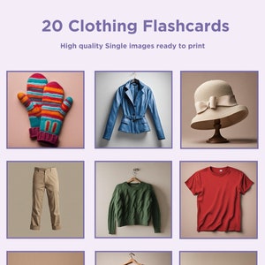 May include: A set of 20 flashcards featuring various clothing items, including mittens, a jacket, a hat, pants, a sweater, a t-shirt, shoes, a swimsuit, and socks. The flashcards are designed for learning and teaching about different types of clothing.