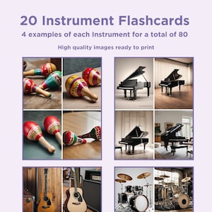 Instrumenty muzyczne do wydrukowania - 20 kart obrazkowych z instrumentami dla miłośników muzyki Pomoc wizualna Karty Montessori Karty obrazkowe dla dzieci