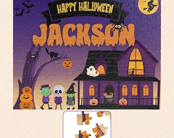 Personalized Halloween Kids Jigsaw Puzzle - 110 Piece Custom Name Puzzle with Trick-or-Treat and Fun Ghost Scene