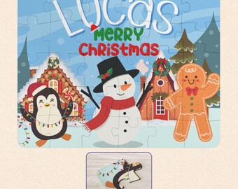 Personalized Christmas Puzzle for Kids - 30 Piece Name Puzzle with Snowman, Penguin & Gingerbread