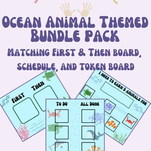 May include: An Ocean Animal Themed Bundle Pack with matching First & Then board, schedule, and token board. The boards feature ocean animals like turtles, crabs, and fish. The text "AFFORDABLE ABAMATERIALS" is at the top.