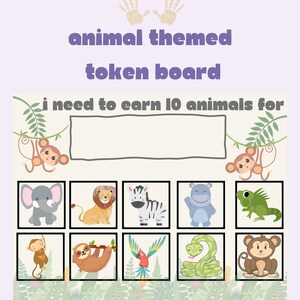 May include: A printable animal themed token board with a jungle background. The board has 10 squares with different animals in each square. The text at the top says "Affordable ABA Materials" and "animal themed token board". The text at the bottom says "I need to earn 10 animals for"