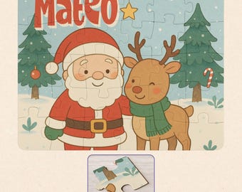 Quebra-cabeça de Natal personalizado com Papai Noel e renas para crianças - Quebra-cabeça de 30 peças com nome personalizado - Presente de Natal