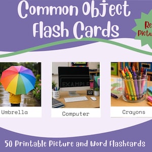 Educational 50 Common Object Flashcards Set with Pictures and Words Print from Home Flash Cards