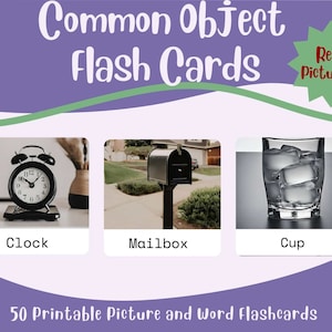 Conjunto de 50 tarjetas didácticas de objetos comunes con imágenes y palabras para imprimir desde casa.