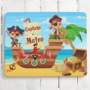 Rompecabezas de barco pirata personalizado para niños - Rompecabezas de 30 piezas - Barco pirata y cofre del tesoro con temática de playa - Regalo perfecto para niños