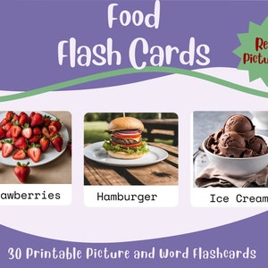 Visual Food Vocabulary Cards - 30 Printable Flashcards for Learning and Teaching