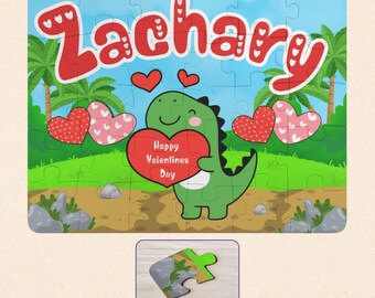 Quebra-cabeça personalizado de 30 peças com dinossauro e coração para o Dia dos Namorados - Quebra-cabeça infantil personalizado com nome e dinossauro - Presente perfeito para o Dia dos Namorados