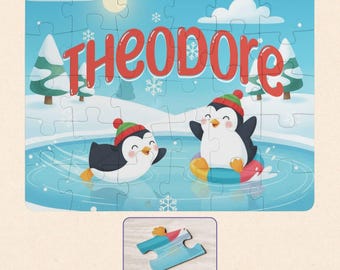 Personalized Penguin Christmas Puzzle for Kids - 30-Piece Winter Scene Jigsaw with Custom Name