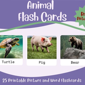 Tarjetas de animales imprimibles con imágenes y palabras reales: 25 tarjetas educativas