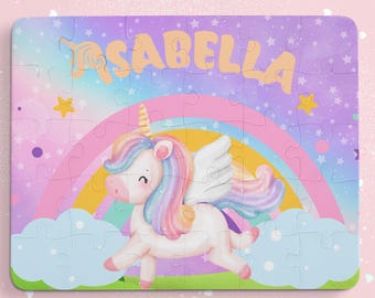 Personalized Unicorn Puzzle for Children-Kids 30-Piece Custom Name Jigsaw is a Fun Educational Gift Features Rainbow and Sparkly Background