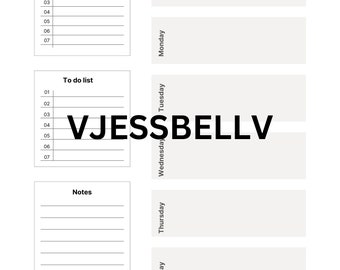 Può includere: Un'agenda settimanale bianca con sezioni per obiettivi, liste di cose da fare e note. L'agenda include una sezione per ogni giorno della settimana, con i giorni della settimana elencati verticalmente. Il testo "Weekly Planner" è in alto.