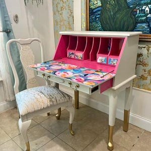 Stunning Cream Secretary Desk with Matching Chair - Entryway Statement Piece **FREE SHIPPING
