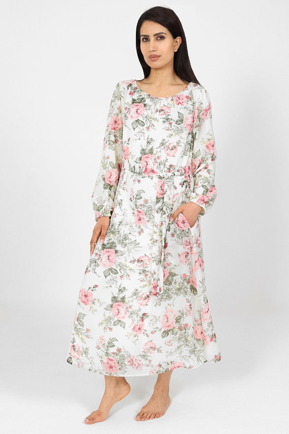 Women Cream Floral Dress | Modest Floral Dress With Pockets - Etsy