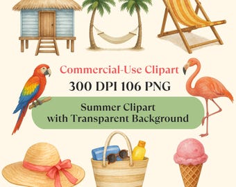 Clipart de playa en acuarela: Paraíso tropical junto al mar (PNG)
