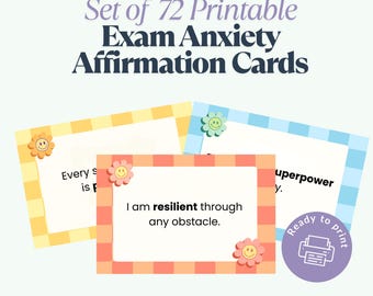 May include: Set of 72 printable exam anxiety affirmation cards with a cheerful design. Each card features a positive affirmation and a smiley face graphic. The cards are ready to print.