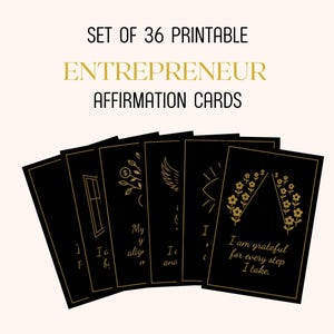 Cartões de Afirmação para Empreendedores – 36 Citações de Mentalidade Imprimíveis em Preto e Dourado para Empresários | Download Digital Instantâneo