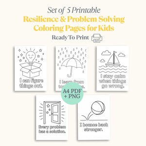 May include: Set of five printable coloring pages for kids featuring black and white illustrations with positive messages about resilience and problem solving. The illustrations include a lightbulb in a box, an umbrella, a sailboat, a door, and a basketball.