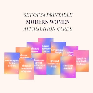 Afirmações diárias fortalecedoras para mulheres modernas – 54 cartões para impressão com design gradiente vibrante | Download instantâneo