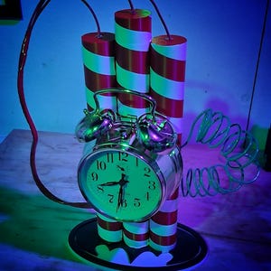 May include: A silver alarm clock with red and white striped dynamite sticks, connected by a green wire, on a black circular base.