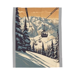 Retro Ski Lift and Mountain, Ski Blanket, Velveteen Plush Blanket