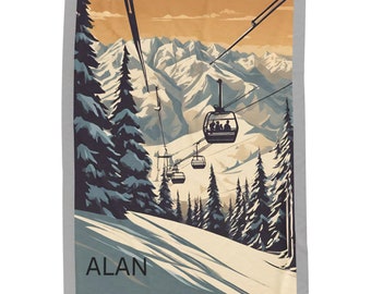 Custom Name  Blanket - Retro Ski Lift and Mountain, Ski Blanket, Ski Gift, Ski Decor, Velveteen Plush Blanket