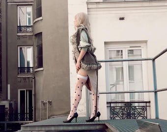 Overknee Strümpfe mit Strumpfhalter Spitze reizend 70er Accessoire Sommer Accessoire Frühling schwarz weiß