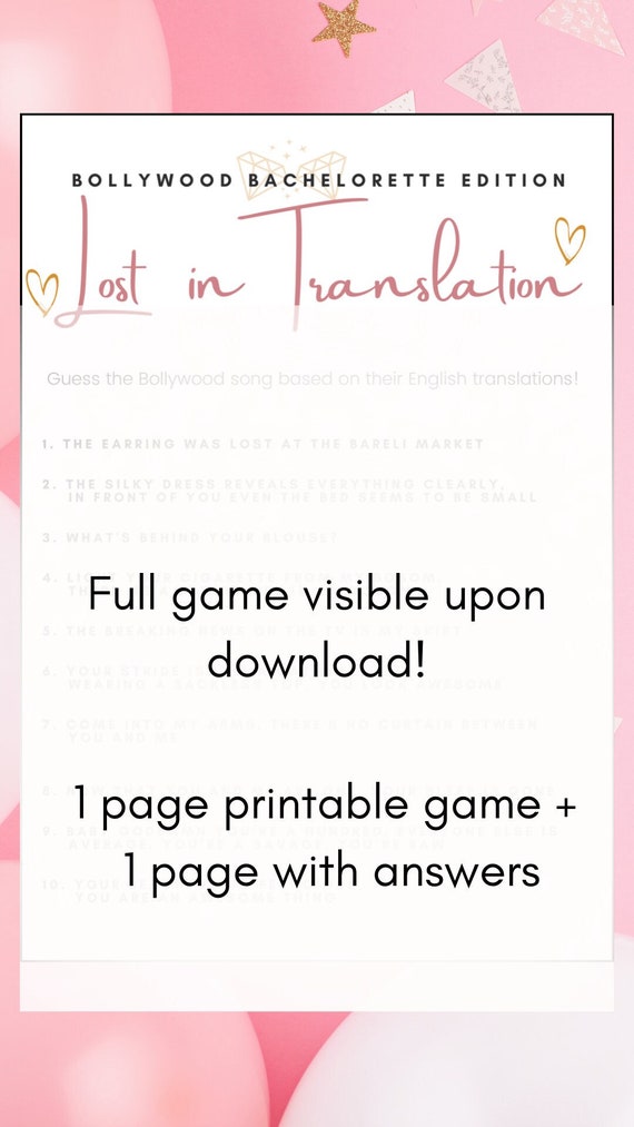 Jeu imprimable Bollywood Bachelorette Lost In Translation edition Bachelorette Devinez la chanson hindi de Bollywood a partir de traductions en