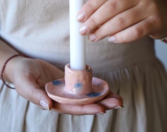 Handmade Pink Ceramic Taper Candle Holder, Blue Speckled Pottery