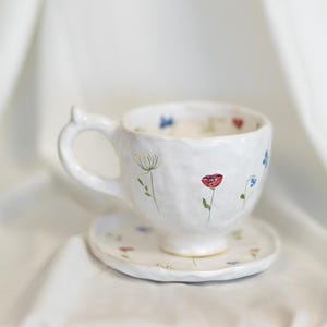 Handmade Ceramic Cup and Saucer Set, Floral Tea or Coffee Cup, White Glazed Pottery with Hand-Painted Flowers, Unique Gift for Tea Lovers