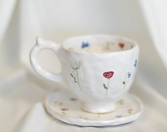 Handmade Floral Ceramic Cup and Saucer Set, White Glazed Pottery