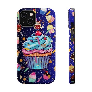 May include: A mobile phone case with a cupcake design. The case has a dark blue background with a pattern of cupcakes. The main cupcake has blue and pink frosting, a cherry, and sprinkles.