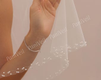 Beaded Bridal Veil with Blusher - Silver Beads, Ivory Tulle, Fingertip Length