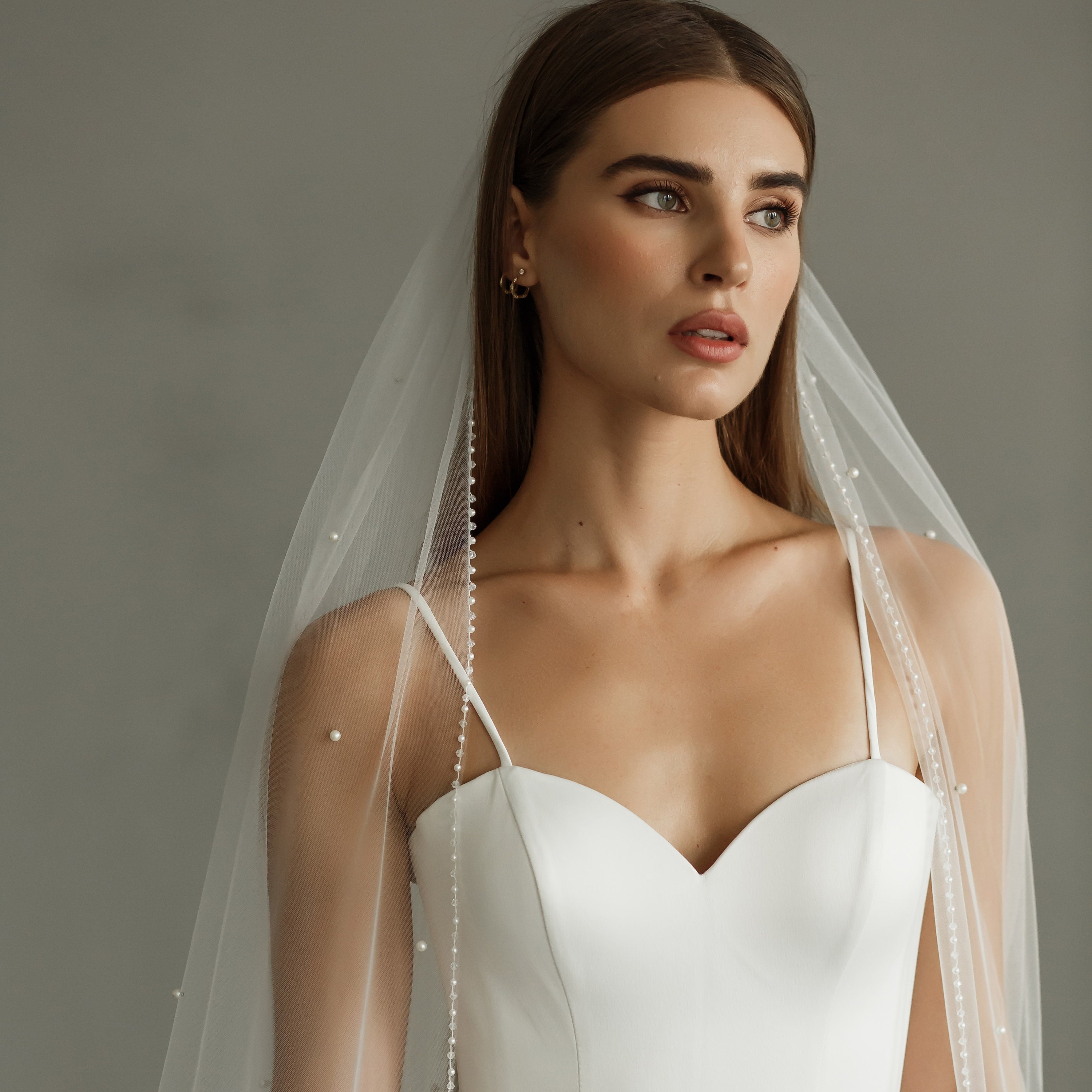 Beaded Edge Veil, Pearl Veil Cathedral, Wedding Veil With Crystals