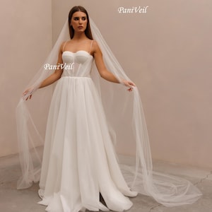 May include: A white wedding dress with a strapless bodice and a flowing tulle skirt. The dress is paired with a long, white tulle veil. The model is standing in front of a light pink wall. The text "Pani'Veil" is visible on the veil.