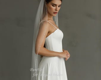 Beaded Fingertip Bridal Veil, Crystal Edge, Modern Wedding