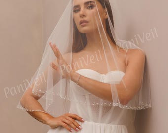 2 Tier Beautiful Edge Veil  Bridal Veil With Pearls  Beads on the Edge  Veil Beads Edge Wedding  Fingertip Veil  Beads   Beaded Wedding Veil